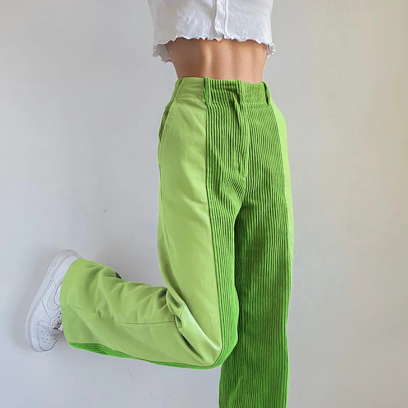 

Women\u2019s Korean Straight Trousers Personality Corduroy Contrast Color Patchwork High-waist Casual Pants