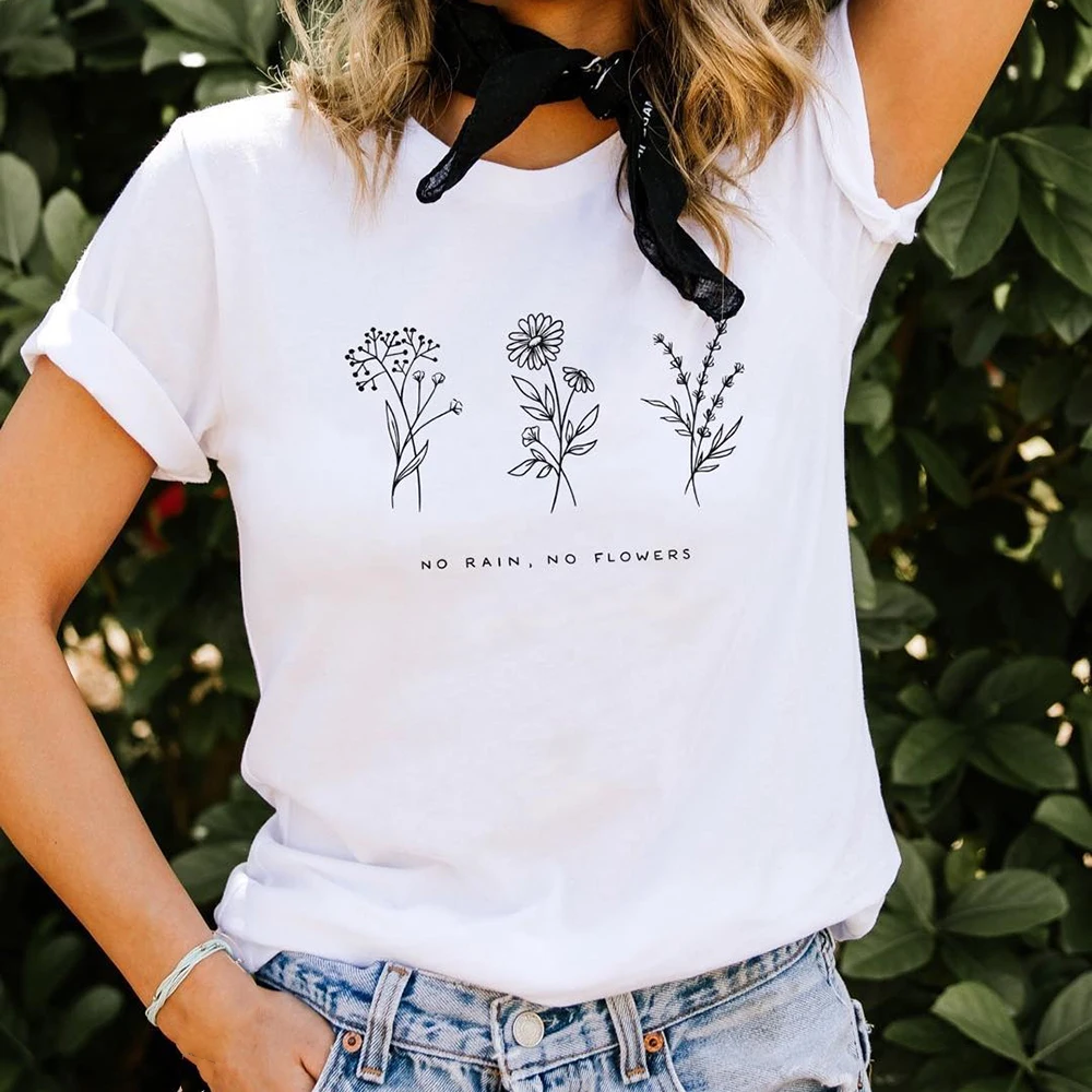 

No Rain No Flowers Vintage Flower Tshirt Women Graphic T Shirts Camisetas Grunge Mujer Tumblr Summer Female Clothes Tops T-shirt