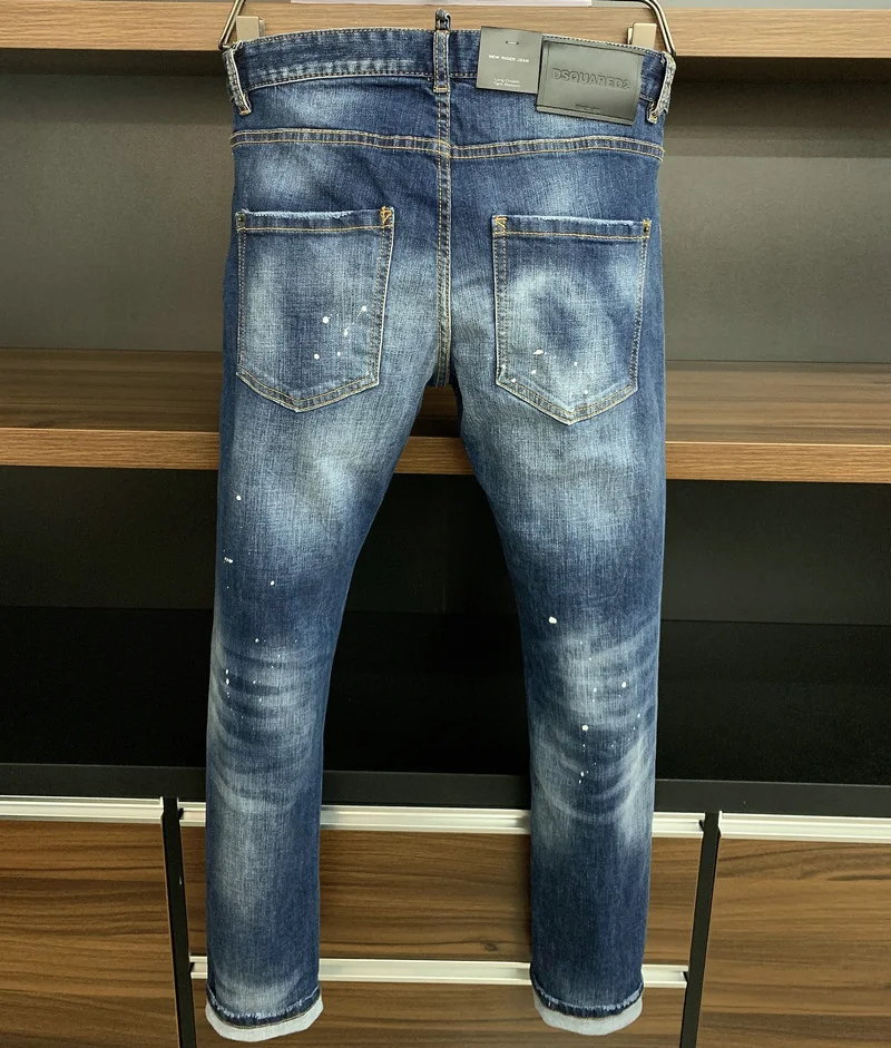 DSQUARED2 Men's/Women's Washed Blue Simple Slim-Fit Stretch Hole Patch Jeans 9626