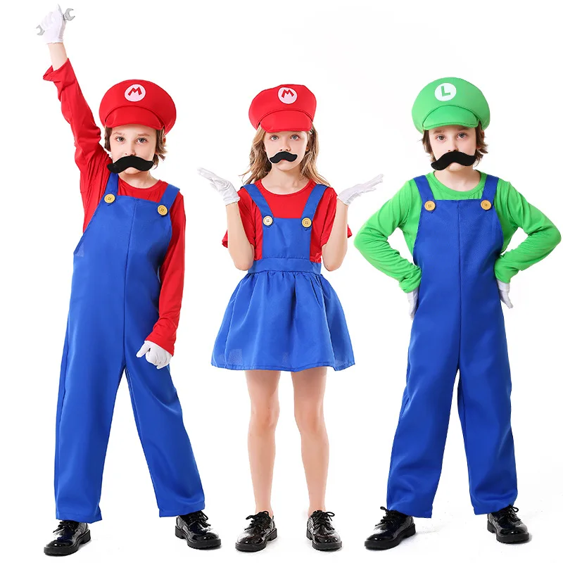 Carnival Cosplay Super Luigi Brothers Costumes Jumpsuit LUIGI Bros Family Kids Boys Girls Halloween Costume Fancy Dress Up Suit