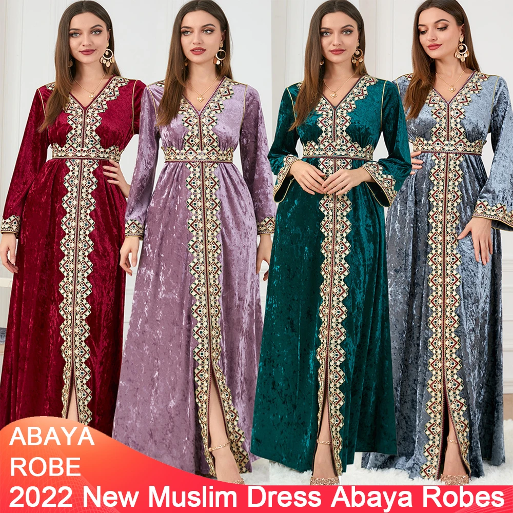 Muslim Women's Dress 2022 Fall/Winter New Loose Slim V-neck High-end Women's Long Sleeve Golden Velvet Dress Muslim Robe Ramadan