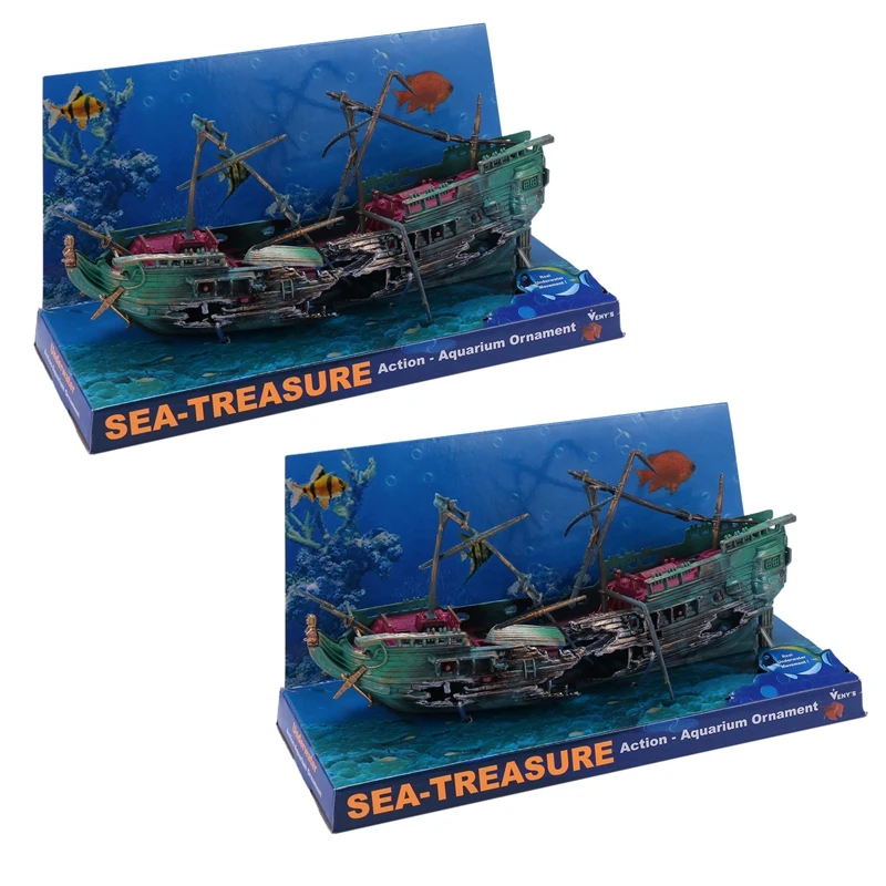 

New-2X Large Aquarium Decoration Boat Plactic Aquarium Ship Air Split Shipwreck Fish Tank Decor C