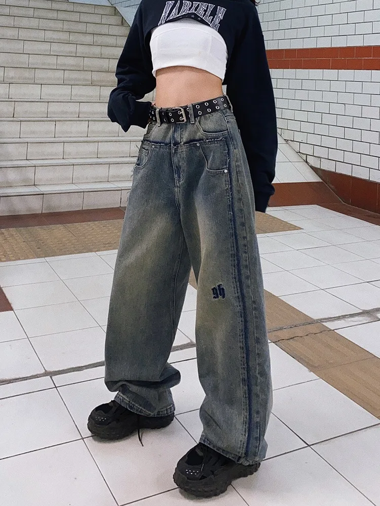 

Джинсы HOUZHOU Женские Мешковатые в стиле гранж, винтажные брюки-бойфренды с широкими штанинами, уличная одежда в стиле панк, джинсовые брюки в стиле пэчворк с завышенной талией, Y2k