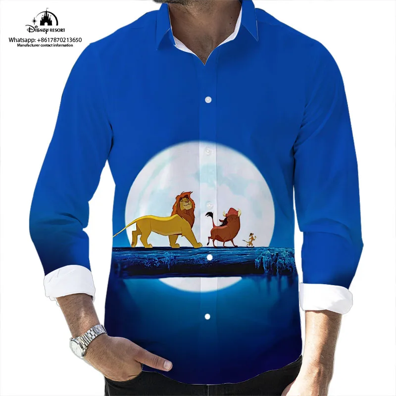 

Рубашка мужская приталенная с длинным рукавом, Повседневная Блузка с отложным воротником, с мультяшным 3D-принтом «Король Лев Диснея», лидер продаж, весна