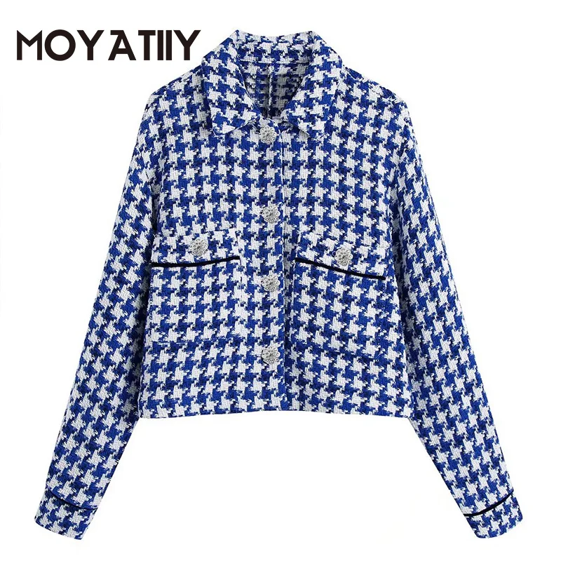 

MOYATIIY Women 2022 Fashion Tweed Jacket Coat With Rhinestone Button Highstreet Oversize Overcoats Long Sleeve Female Tops