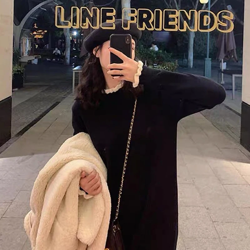 

Knitted Black Dress 2022 New Autumn Popular Female Matching Coat Sweater Long Sleeves Underneath Women'S Casual Winter Dresses