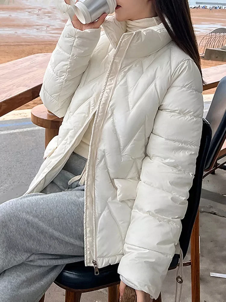 

Casual Wide-Waisted White Coat Oversized Argyle Quilted Coats Women Cotton-Padded Parkas Thick Winter Jackets Female
