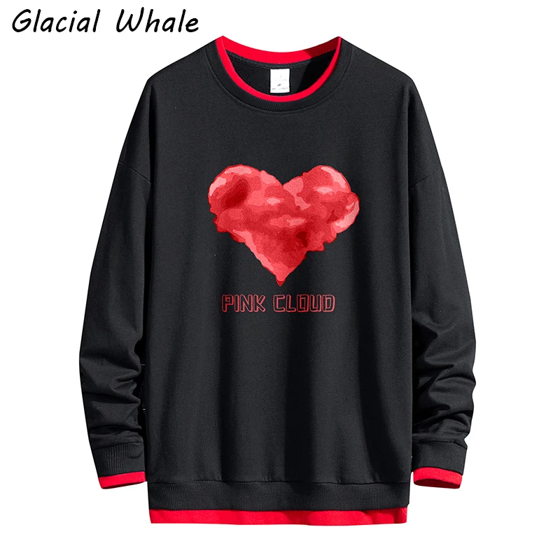 

GlacialWhale Crewneck Sweatshirt Men Patchwork Heart Print Oversized Hip Hop Streetwear Male Casual Black Sweatshirts Hoodie Men