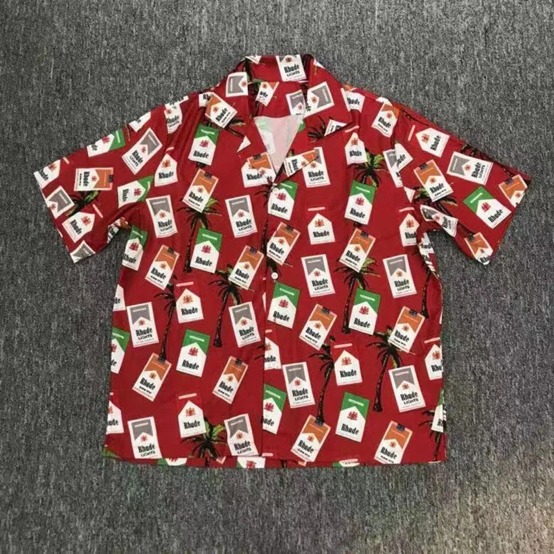 

Classic Print RHUDE Cigarette Case Men Women 1:1 Red Rhude Oversize Hawaiian Shirt