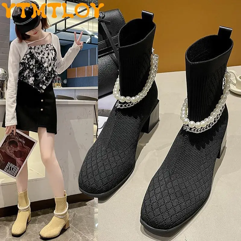 

Retro Thin Martin Boots Women 2021 New Spring And Autumn Knitted Breathable British Style Stretch Thick Heel Black Socks Boots