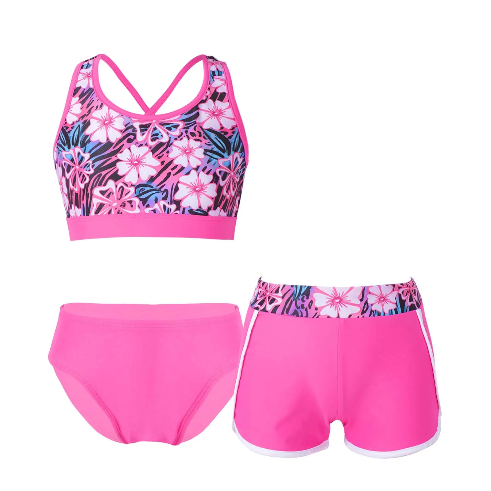 

3Pcs Kids Girls Swimwear Swimsuit Cross Straps Open Back Print Crop Tops with Shorts and Briefs Set Beach Pool Rashguard Suit