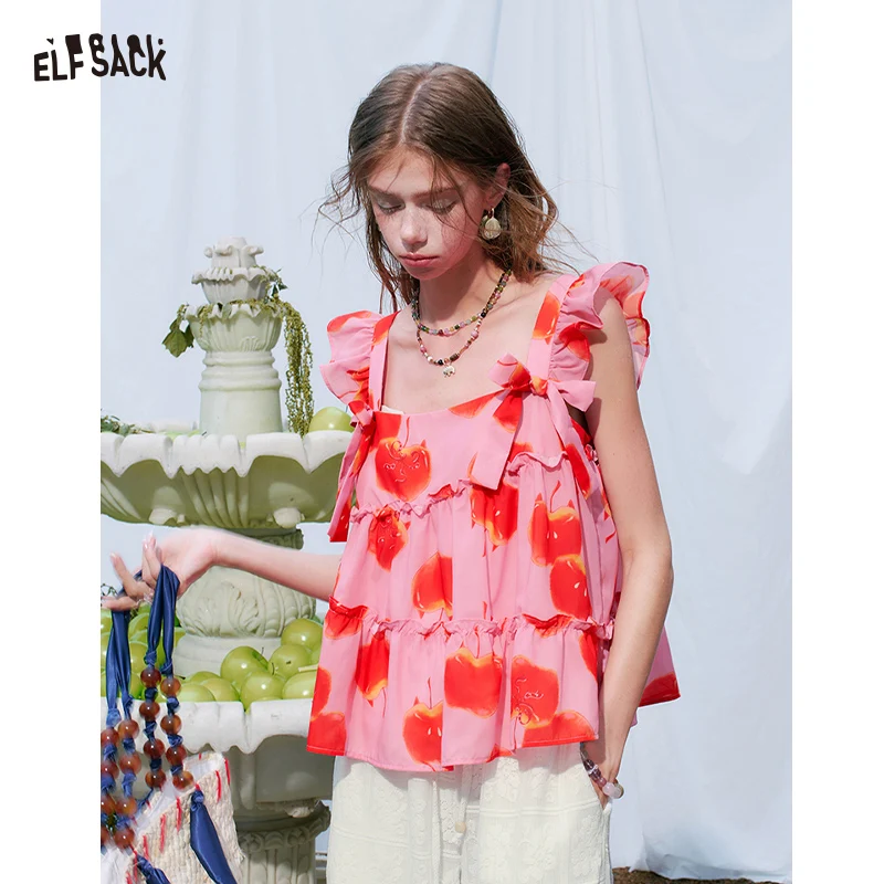 Фото Блузка ELFSACK с фруктовым принтом, многослойная, с рюшами на бретелях, топ с квадратным вырезом и бантом, милый летний топ-камизол. №1