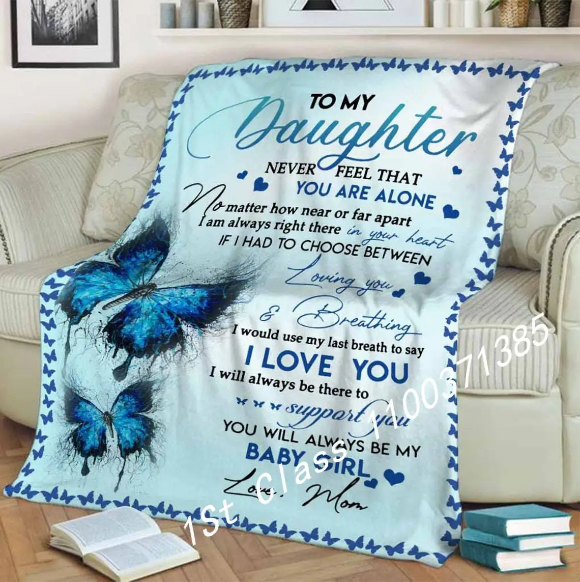 

To My Daughter Blue Butterfly Quilt Flannel Blanket Special Gift, Gift For Birthday,blanket