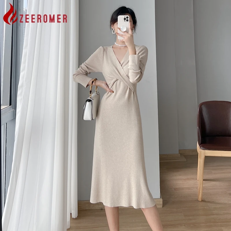 

ZEEROMER 2023 Autumn Elegant Knitted Mid length Dress High Quality Women V-neck Long Sleeve Solid Slim Office Lady Party Dress