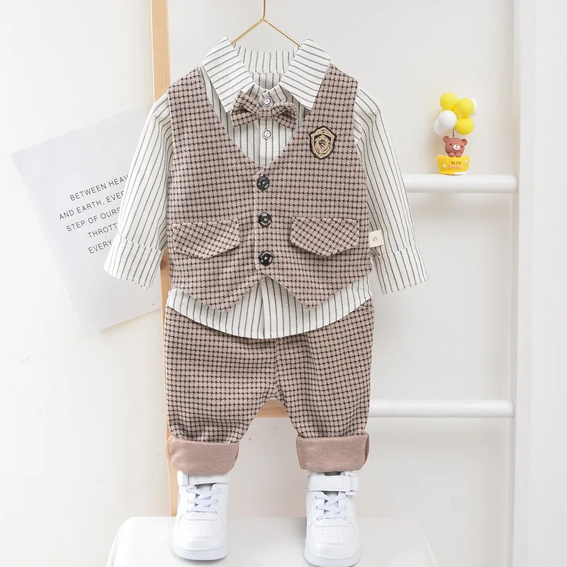 

Autumn Spring Outfits Gentleman's Plaid Vest+Shirts+Pants Baby Boys Clothes Set Party Wedding Flower Girls Suits Fashion Outwaer