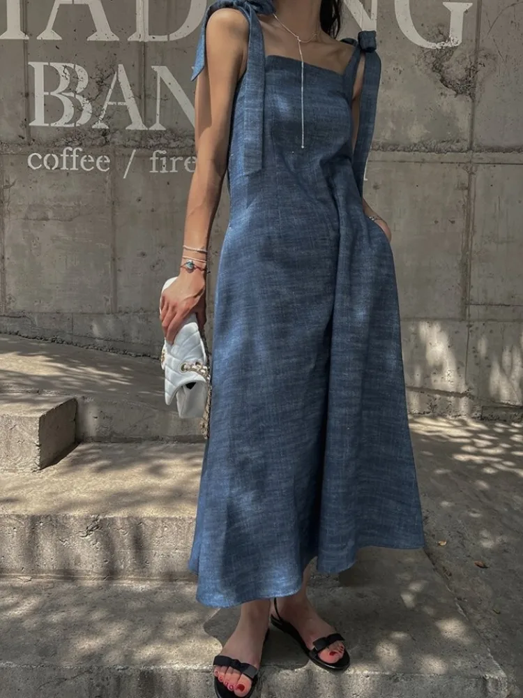

Women's Summer Vintage Long Tank Denim Dress Bow Tie Strap Sleeveless A-line Midi Sundress Korea Style 2023