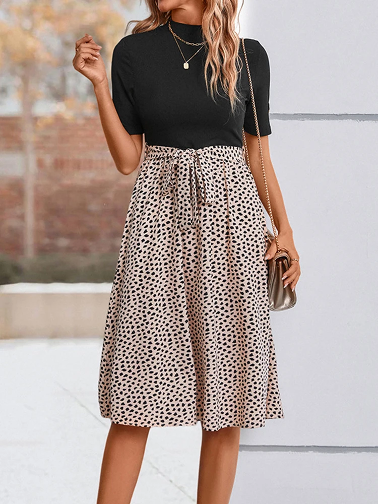 

Leopard Stitching Short Sleeve Dress for Women's Fashion Half High Neck Fit Slim Black Top Dresses Women's Office Dress