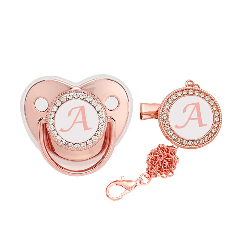 

26 Name Initial Letter Rose Gold Baby Pacifier With Clip BPA Free Silicone Orthodontic Nipple Bling Baby Shower Gift