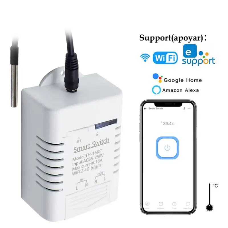 

Умный Wi-Fi переключатель eWelinkAPP, 16 А/3000 Вт, датчик температуры RF433, пульт дистанционного управления, совместимый с Alexa Siri