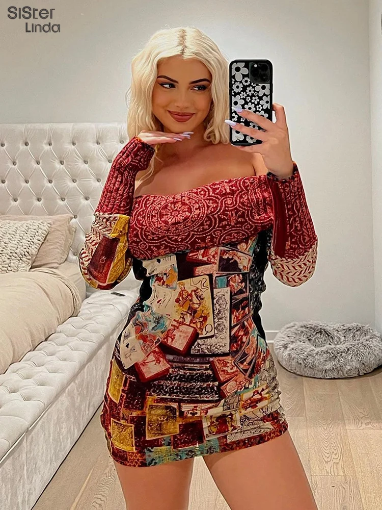 

Женское мини-платье с принтом Sisterlinda, облегающее платье с длинным рукавом, открытыми плечами и открытой спиной, обтягивающее платье-чулок