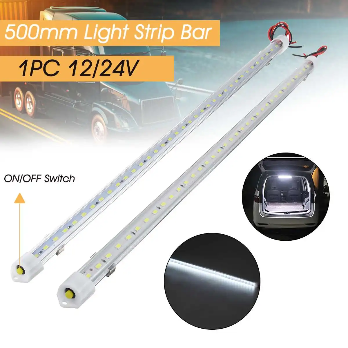 50CM 12V 24V 36 LED Car Interior Light Bar Bright White Light Tube with Switch for RV Camper Boat Van Lorry Truck Caravan