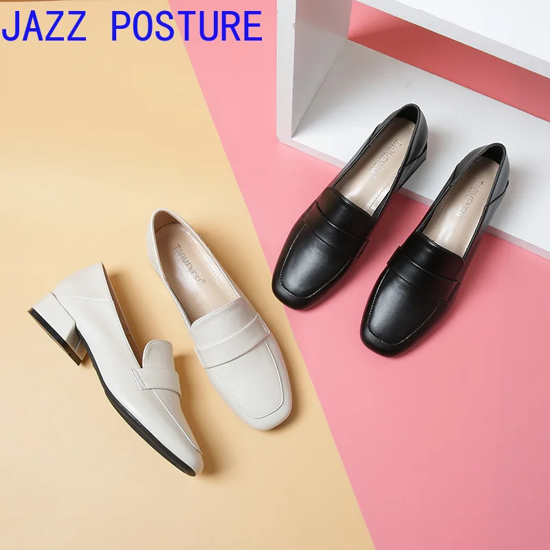 

Square-toe shallow mouth thick heel single shoes women's spring 2021 new internally increased small leather shoes soft sole w371