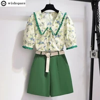 green small fresh womens suit sweet 2022 korean summer new fashion foreign style age reducing shorts two piece set