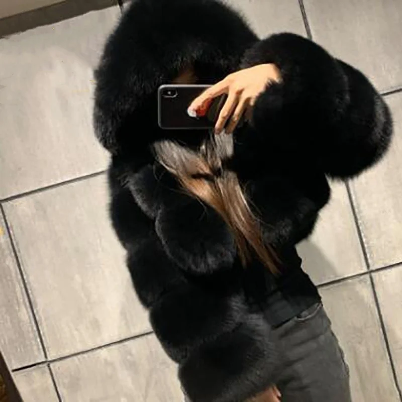 Fashion Dark Gray Hooded Faux Fur Coat Furry Short Coat Winter Shawl Thickened Fluffy Shawl Ladies Prom Jacket Women Coats