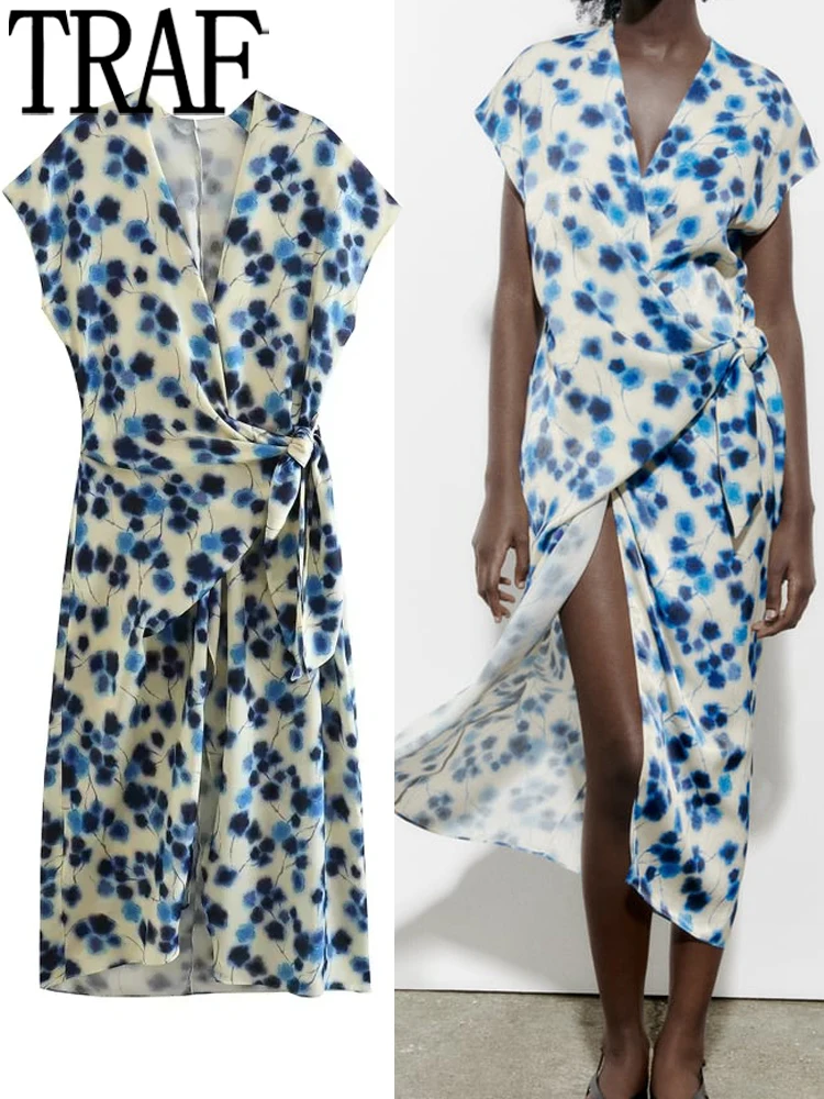 

Платье-миди женское Плиссированное с запахом, коротким рукавом и принтом