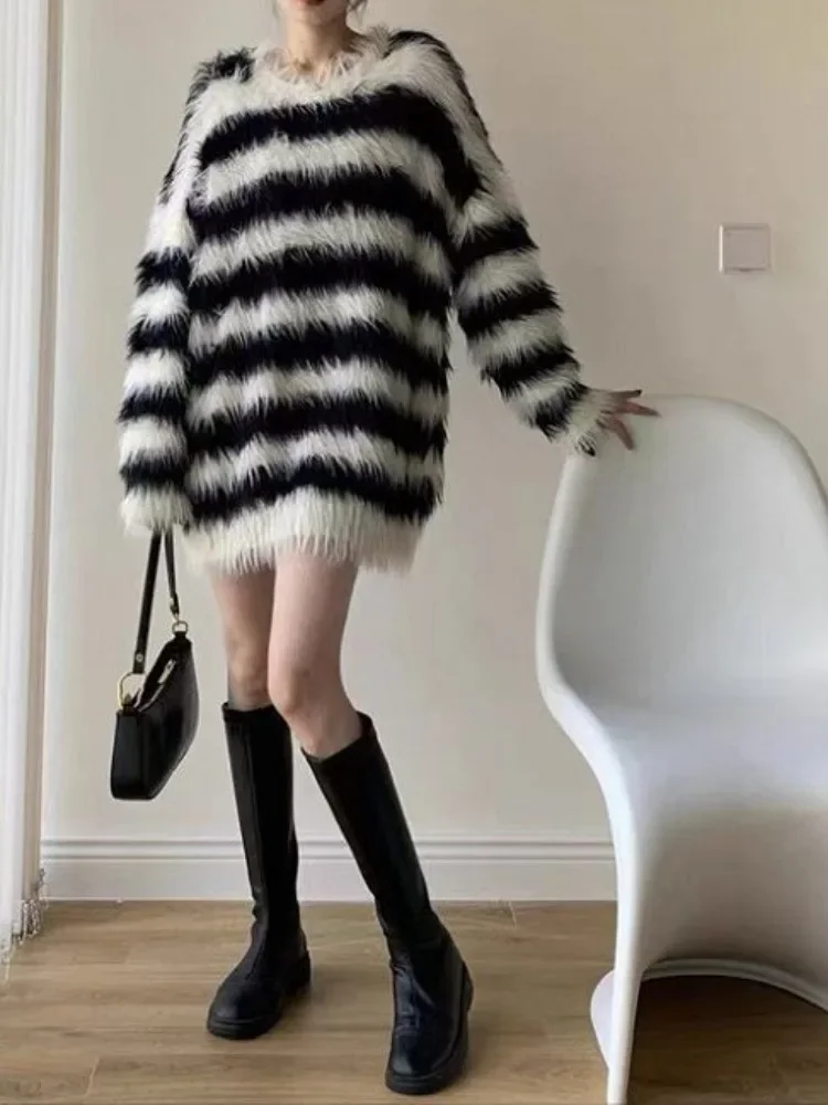 Женский винтажный пуловер оверсайз Y2k Осенний свободный джемпер в полоску