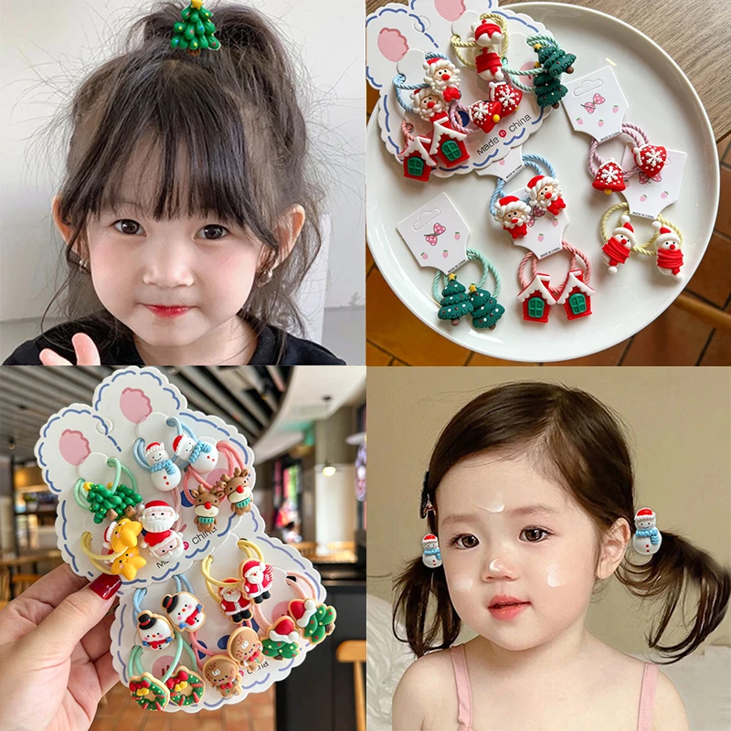 

5 Pairs Cute Cartoon Christmas Elastic Hair Bands Children Gum Rubber Hair Rope Tie Xmas Hair Scrunchies Hair Accessories