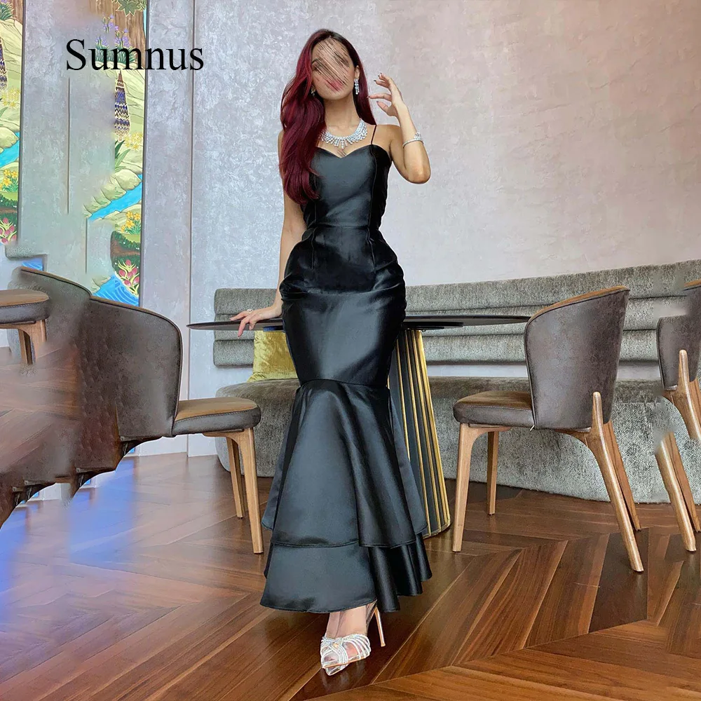 Купи Sumnus Black Silk Satin Mermaid Evening Dresses Spaghetti Straps Tiered Floor Length Evening Party Gowns Customized Women Gown за 4,295 рублей в магазине AliExpress