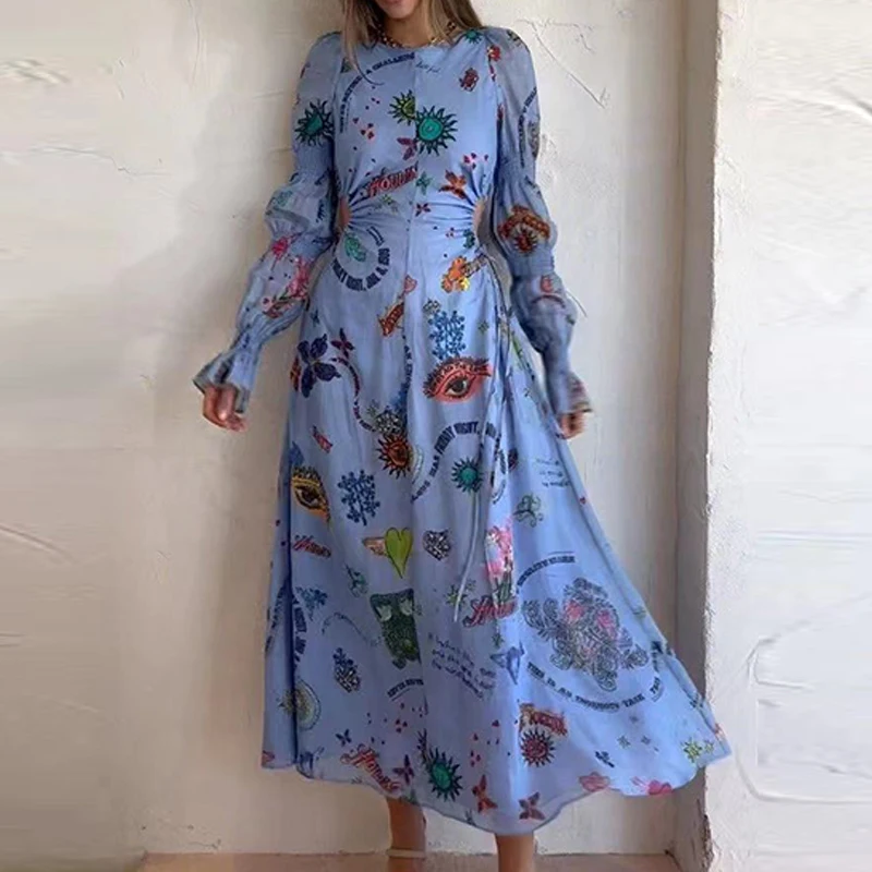 

Женское платье с круглым вырезом, винтажное богемное Платье с принтом, осень 2023