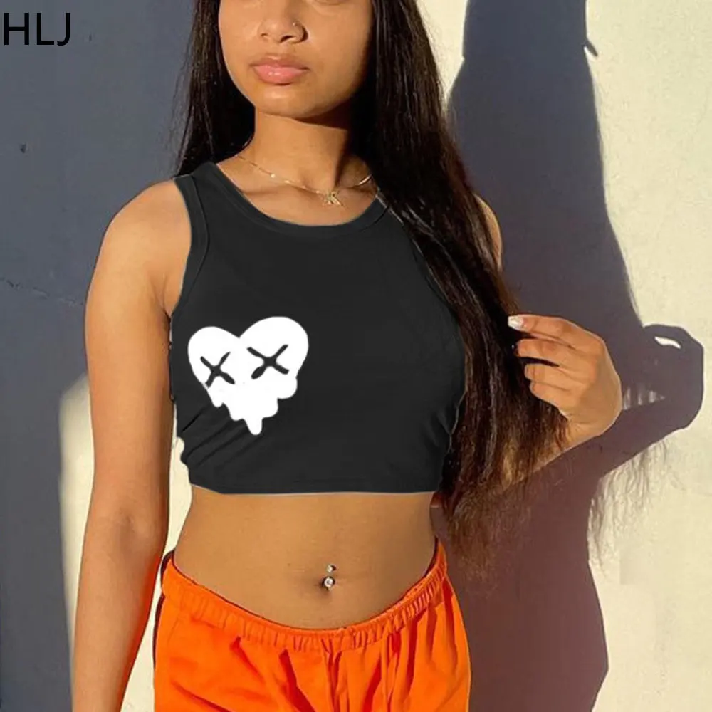 

HLJ Sexy Printing Sleeveless Thin Tops Women Ribber Pattern Crop Vests Fashion Streetwear Summer Female Sporty Clothing 2023 New