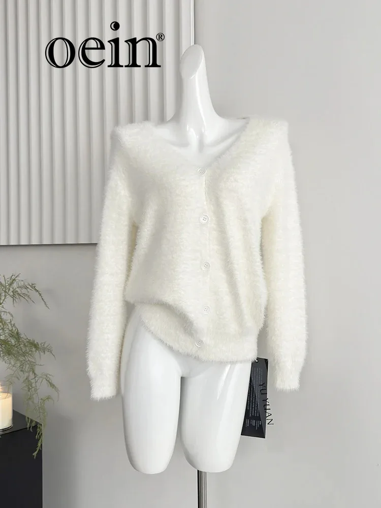 Женское трикотажное пальто [oein] черное свободное из меха норки с V-образным