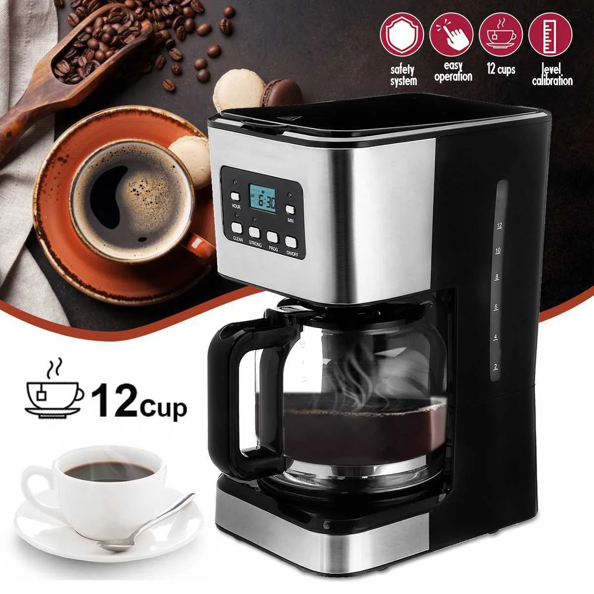 

Coffee Machine 12 Cup Espresso Coffee Maker Machine 220V-240V Household Office Coffee Maker With Steam for Cappuccino Latte