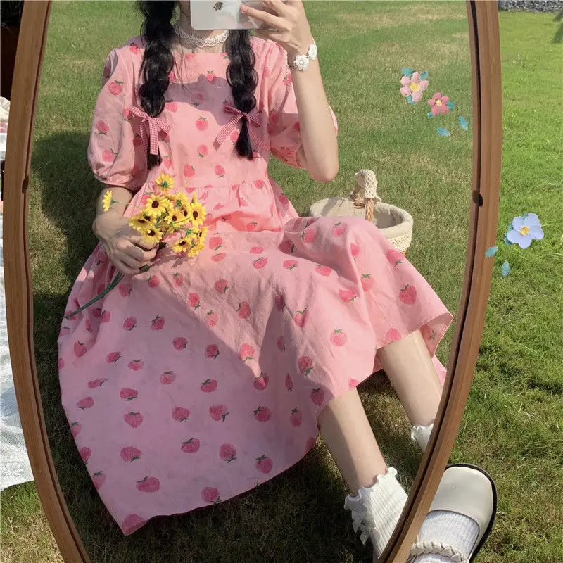 

Sweet Japanese Style Strawberry Printed Skirt Summer Lovely Girl Popular Dresses Women College A-line Retro Puff Sleeve Dress