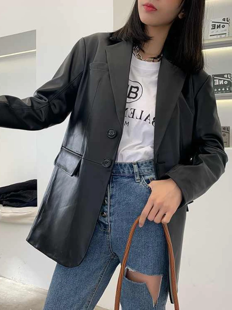Pu leather suit jacket female spring 2023 new loose temperament high sense small suit jacket top
