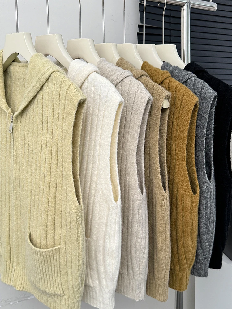 Ретро однотонный свитер с капюшоном жилет модный вязаный кардиган на молнии