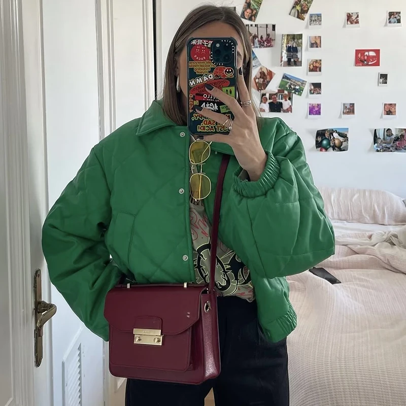 Casual Quilted Button-Up Faux Leather Winter Jacket Women Long Sleeve Top Green Pu Cotton Coat Streetwear New In Outerwears