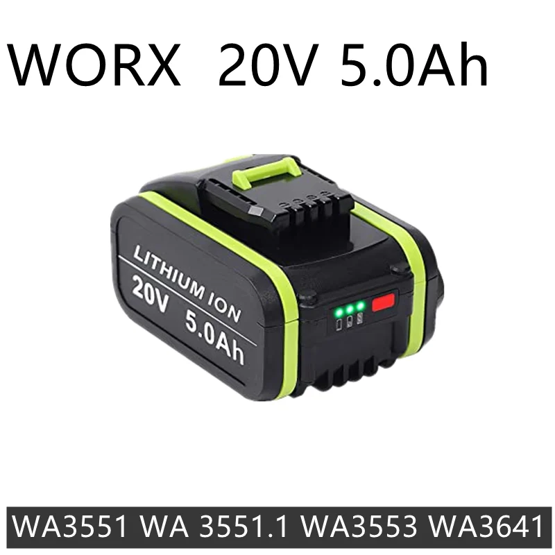 High capacity 20V 5.0 Ah lithium-ion replacement battery for Worx power tools WA3551 WA 3551.1 WA3553 WA3641 WG629E WG546E WU268