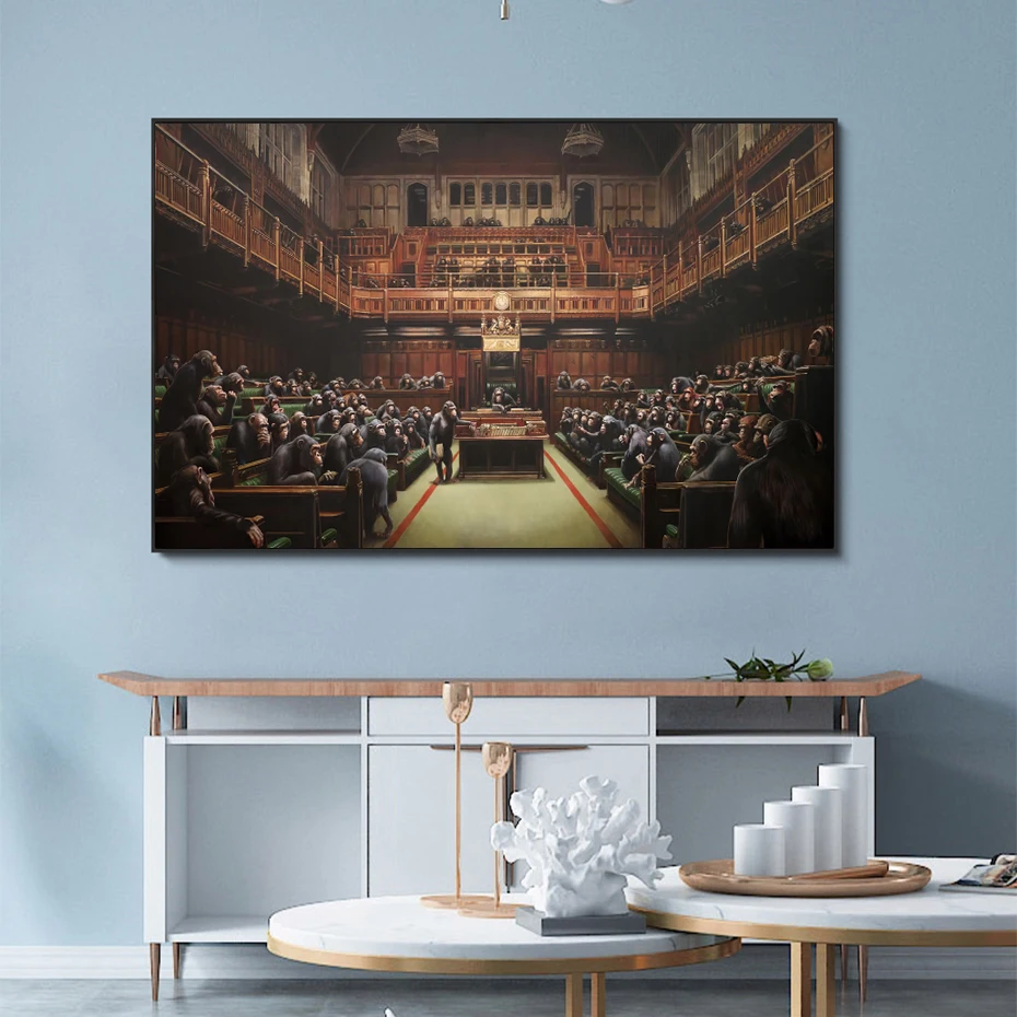 

Banksy Parliament Monkey Abstract Vintage Posters Canvas Painting Senate Animal Orangutan HD Wall Art for Living Room Decoration