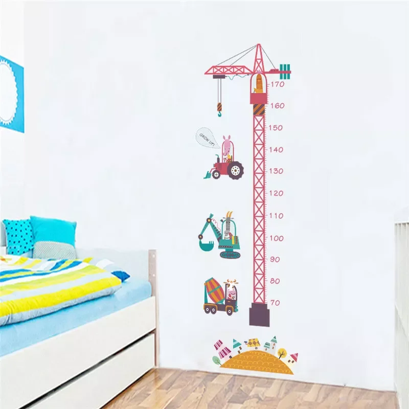

NEW tower crane engineering car growth chart wall stickers for kids rooms decor diy height measure wall decals pvc mural