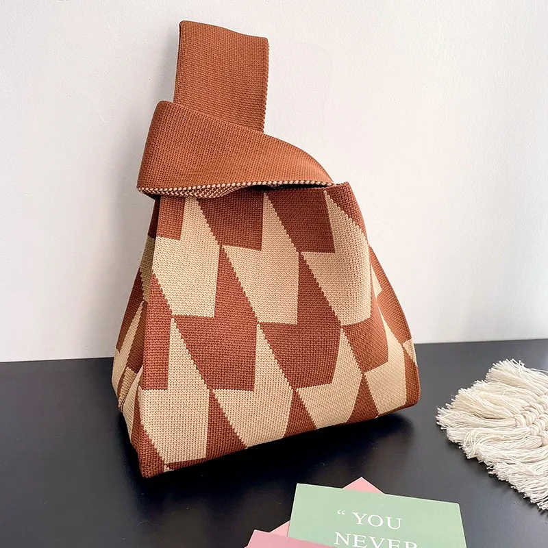 

Fashion Stripe Plaid Knitted Handbag Lady Handmade Shoulder Bag Vest Versatile Leisure Tote Korean Version Reusable Shopping Bag
