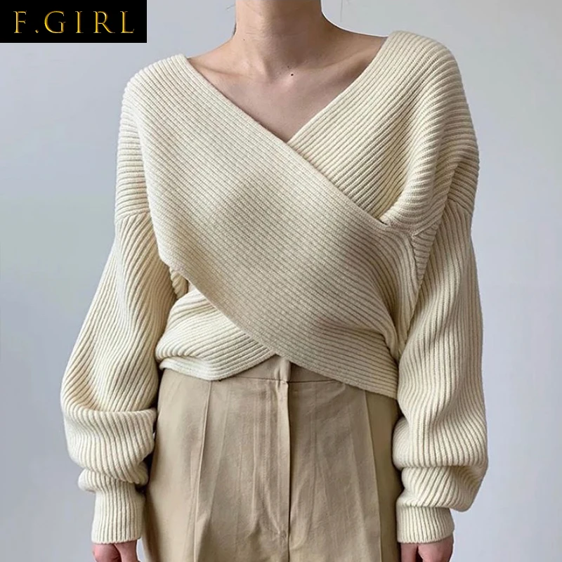 

F GIRLS Autumn Winter Solid Casual Women Knitted Sweater Lady V-neck Criss-cross Pollovers Female Korean Chic Long Sleeve