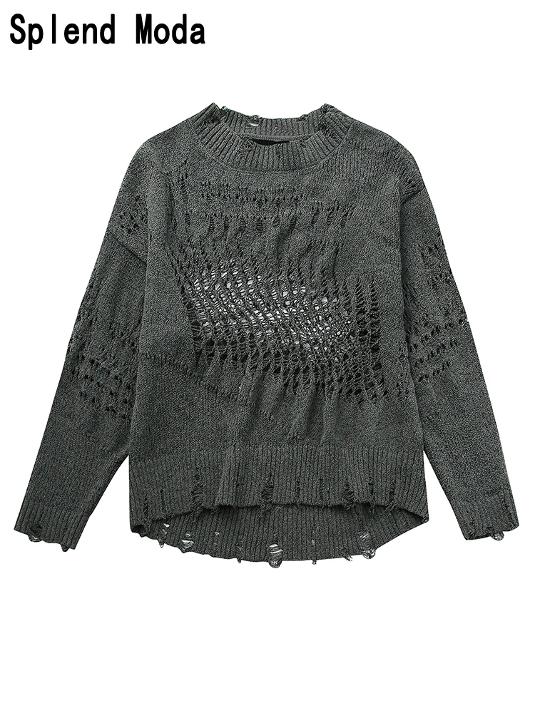 

2023 Women Autumn New Fashion Street Style Hollow Out Knitted Pullovers Casual Hole Loose Sweater Chic Long Sleeve Jumpers TRAF