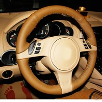 all brown leather brown thread steering wheel hand sewing wrap cover fit for porsche cayenne panamera 2010 2011