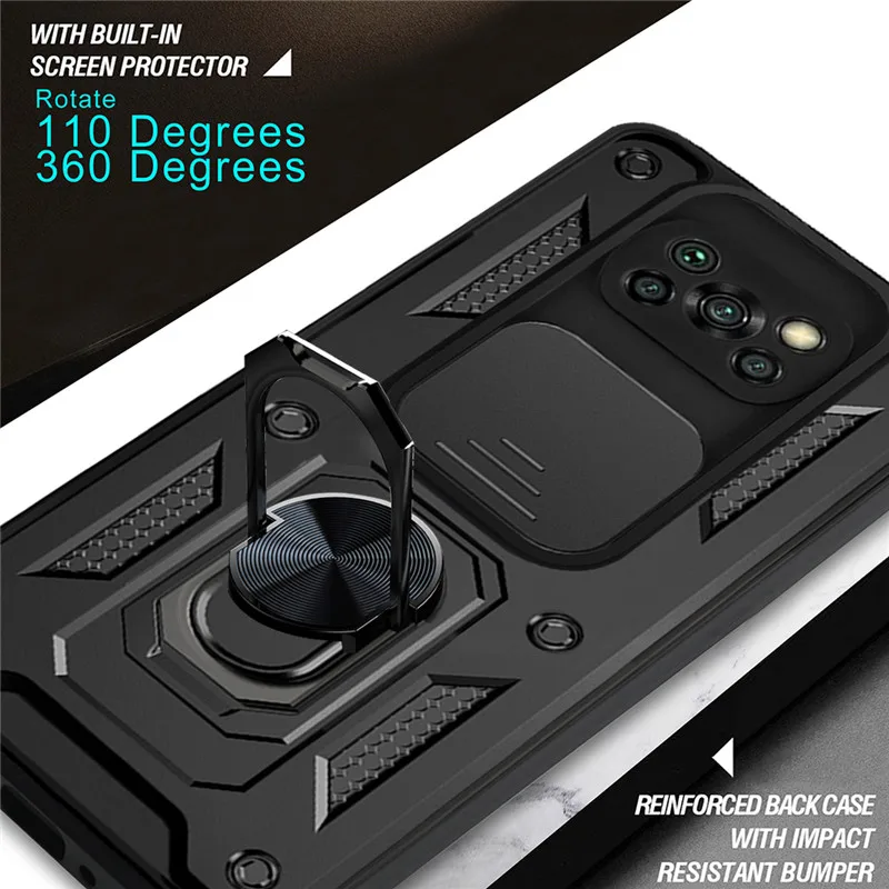 shockproof armor for xiaomi pocophone poco x3 pro x3 nfc case holder ring slide camera for poco m3 m4 x4 pro f3 phone back cover free global shipping