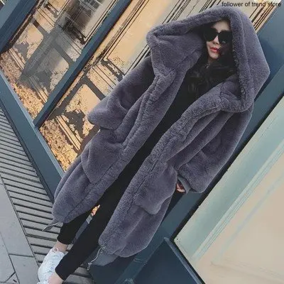 Korean Fashion Rex Rabbit Fur X Long Women Fur Jacket Long Warm Thick Coats Thickened Long Hooded Fur Coat Faux Fur Coat Women
