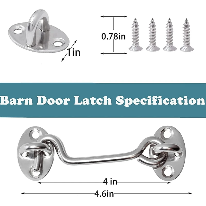 3Pcs Barn Door Latch Lock Hardware 4-Inch Sliding Eye Hook With Screws Stainless Steel Gate
